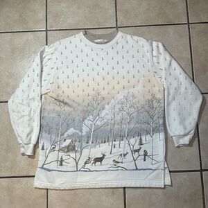 VTG 90s Artisans Sunschein Designs Sweatshirt Winterscape AOP Women’s XL **READ*